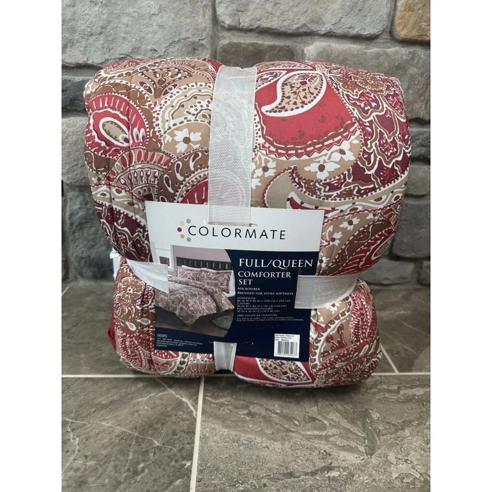 Colormate Full/Queen Comforter Set Paisley Red Tan Microfiber Sears New 3 Piece